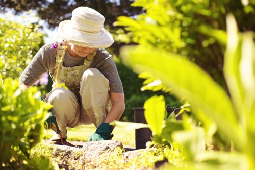 Professional service provider mowing a residential lawn